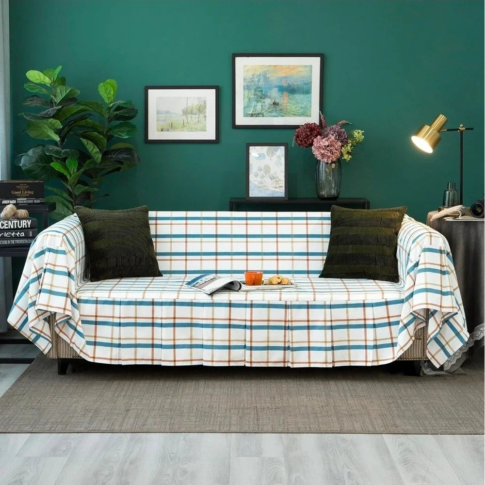 Ivory‎ and Blue Plaid Sofa Cover Furniture Protector Couch Cover 71x134